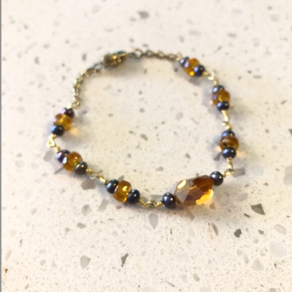 Handmade Beaded Bracelet – Crystal & Pearl Accents, Gold-Tone Chain - Picture 3 of 5